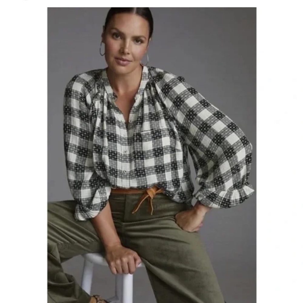 Anthropologie Pilcro  Breezy plaid Checkered  button up Top black white yellow S